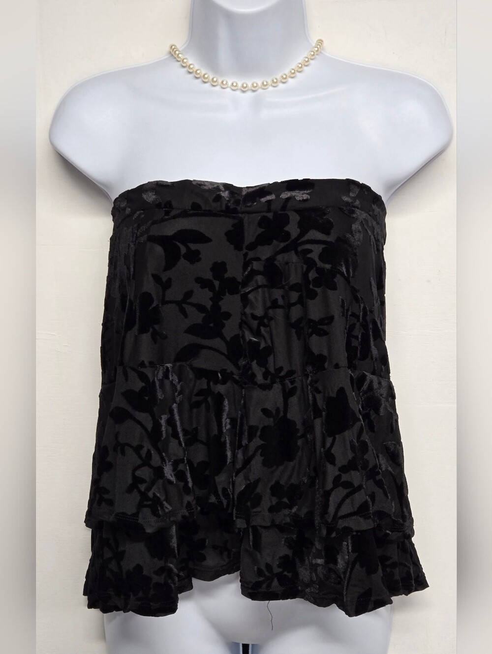 Forever 21 Black Babydoll Sttapless Top S Tie Zipper Back Tiered Floral Velvet - Picture 1 of 6